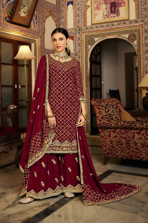 Maroon Heavy Chinon Semi Stitched Kurta with Bottom & Dupatta - Dhvani | Grocsy