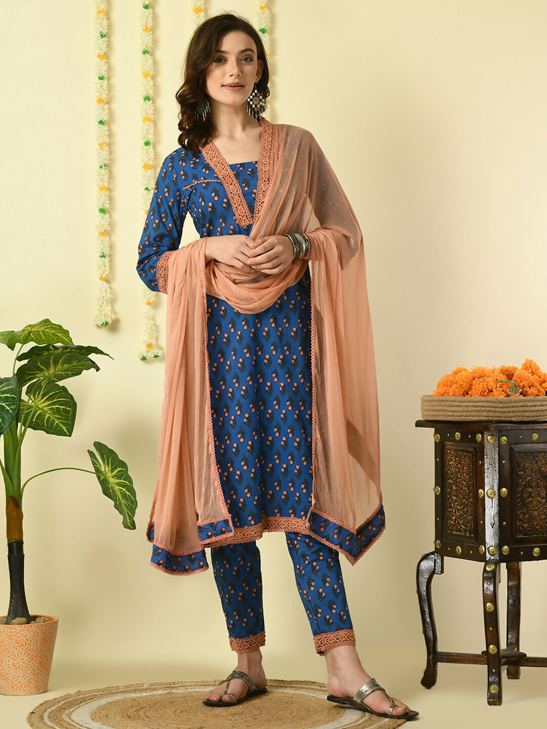 Myshka Women's Blue Pure Cotton Kurta & Trousers With Dupatta Party Sets | Grocsy