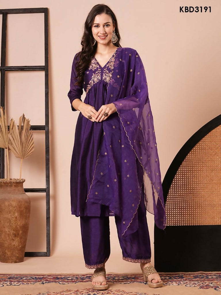 Purple Vichitra Silk Embroidery Work Kurta Set - Riya | Grocsy