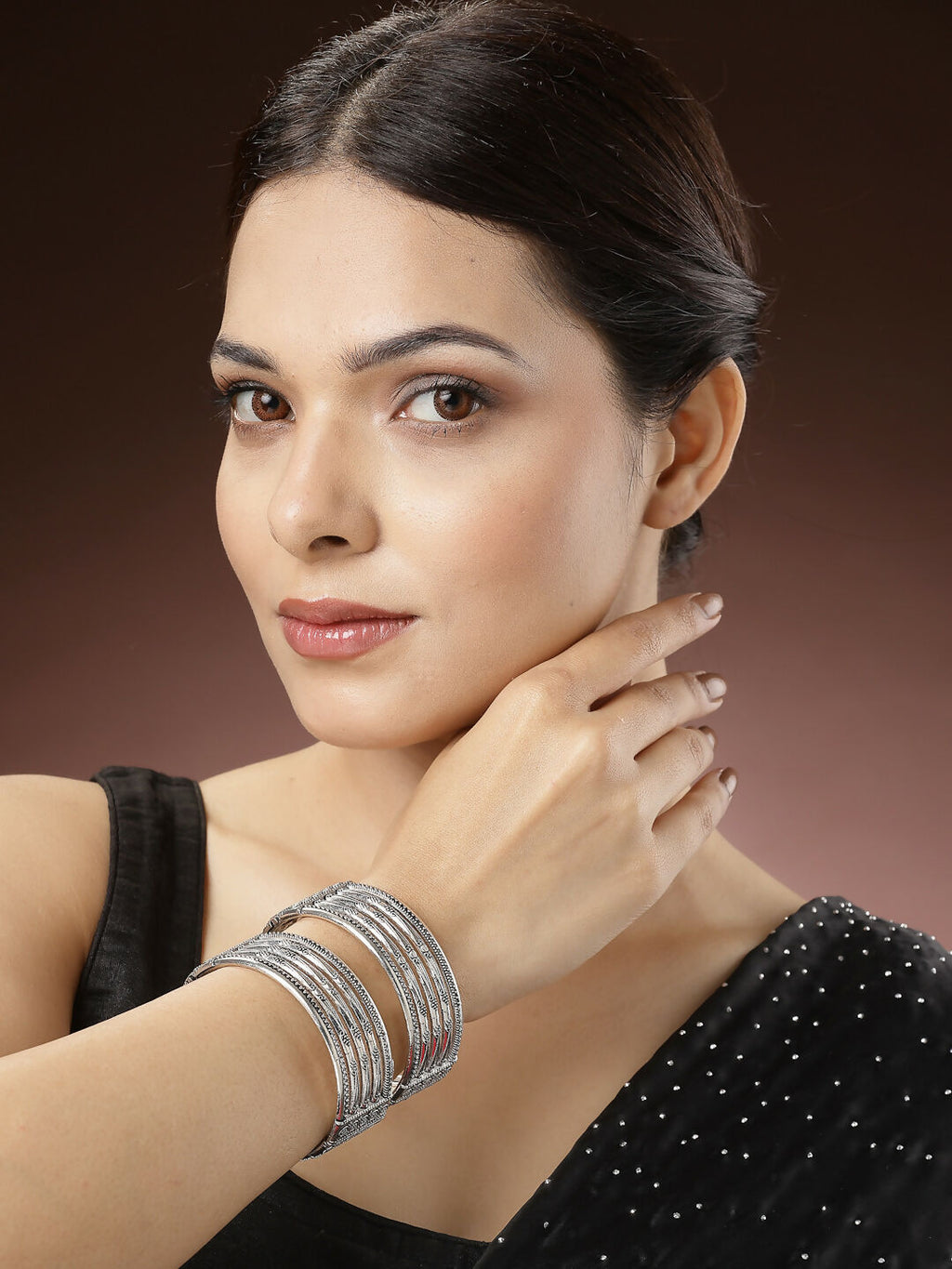NVR Women's Set of 2 Silver-Toned German Silver Oxidised Kada Bangle
