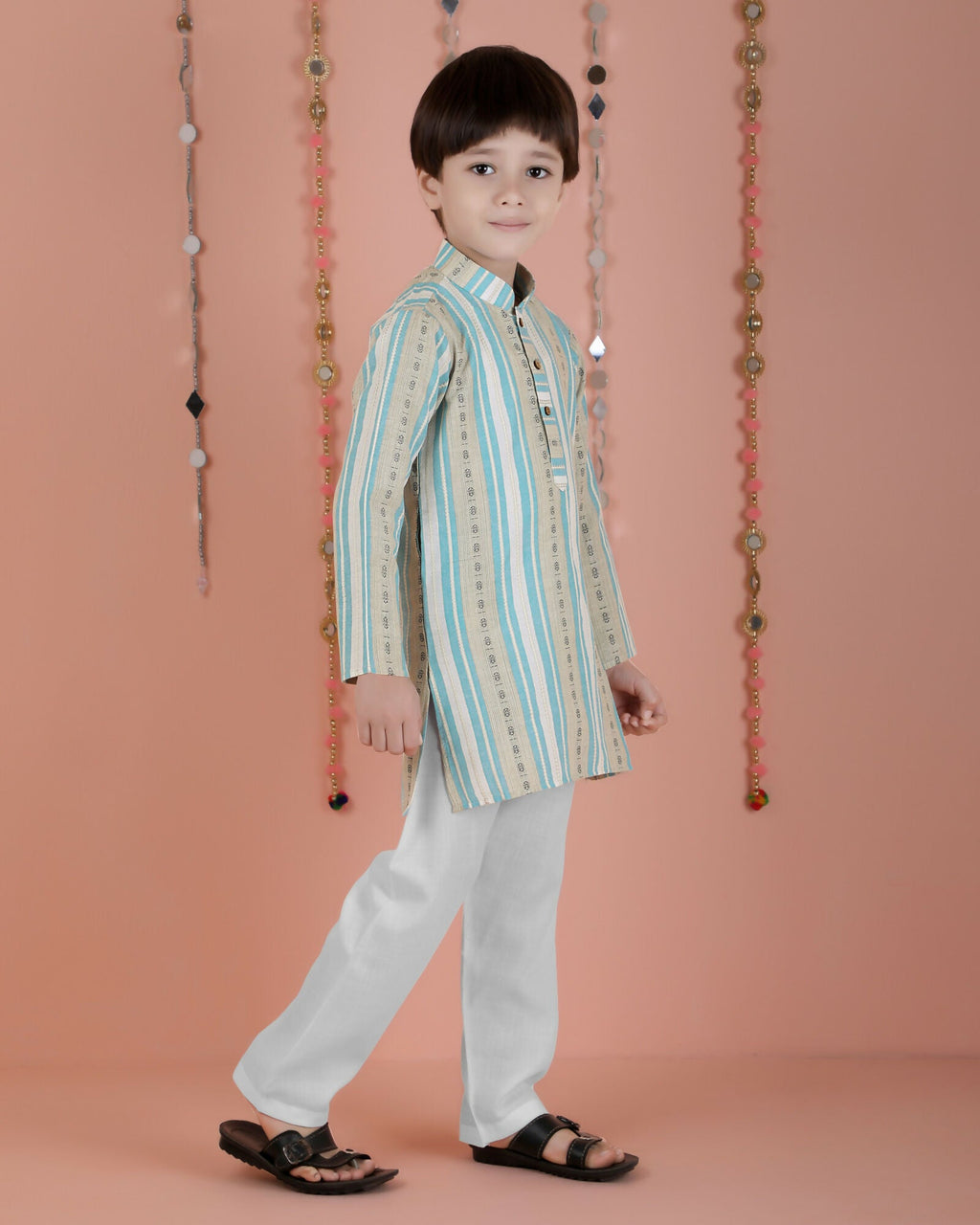Joban Fashion Kids Island Cotton Full Sleeves Striped Kurta and Pyjama- Blue | Grocsy