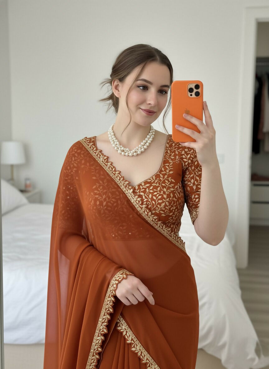 Teeya Creation Womens New Trendy Party Wear Wedding Collection Silk Saree-Orange | Grocsy