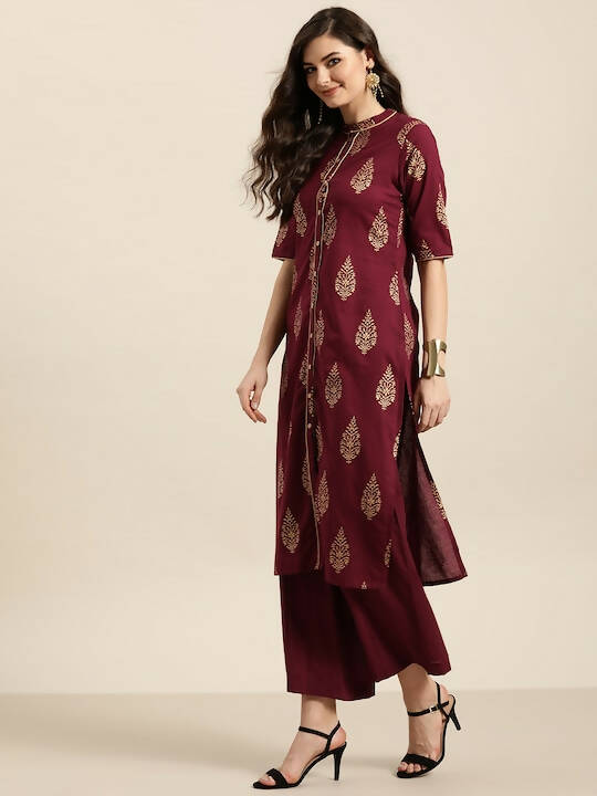 Women Maroon & Golden Pure Cotton Printed Kurta with Palazzos - Vishwa | Grocsy
