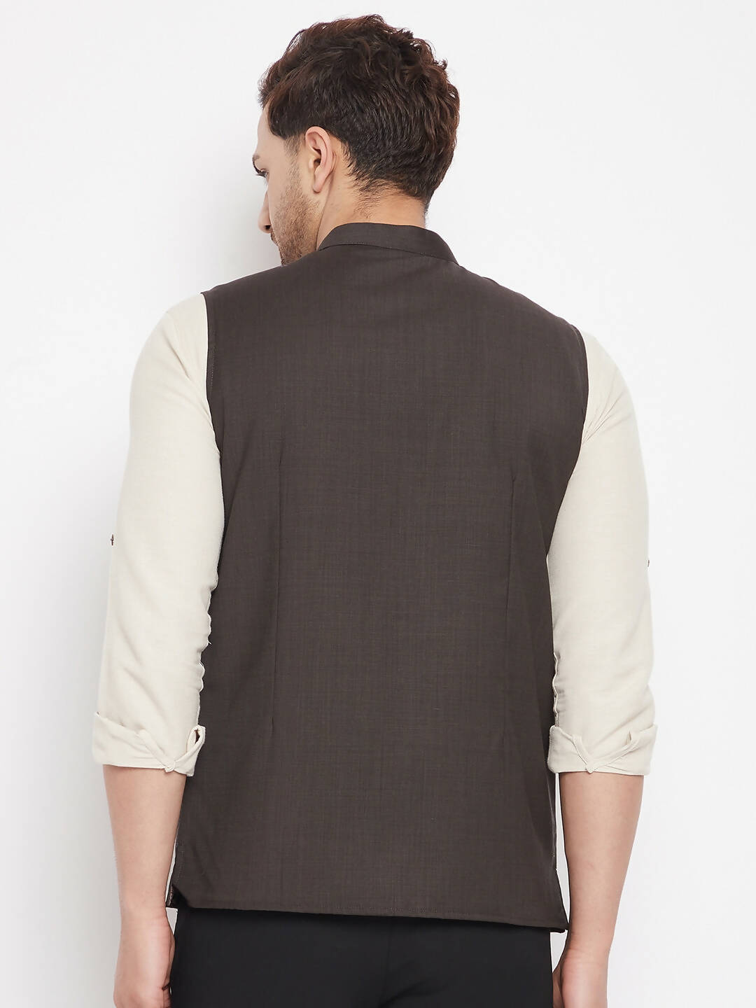 Even Apparels Brown Merino Men Woven Nehru Jacket | Grocsy