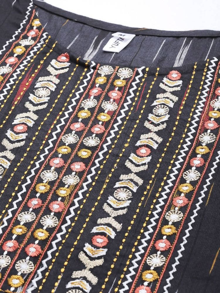 Yufta Black Pure Cotton Ikat Design Kurta with Palazzo & Dupatta | Grocsy