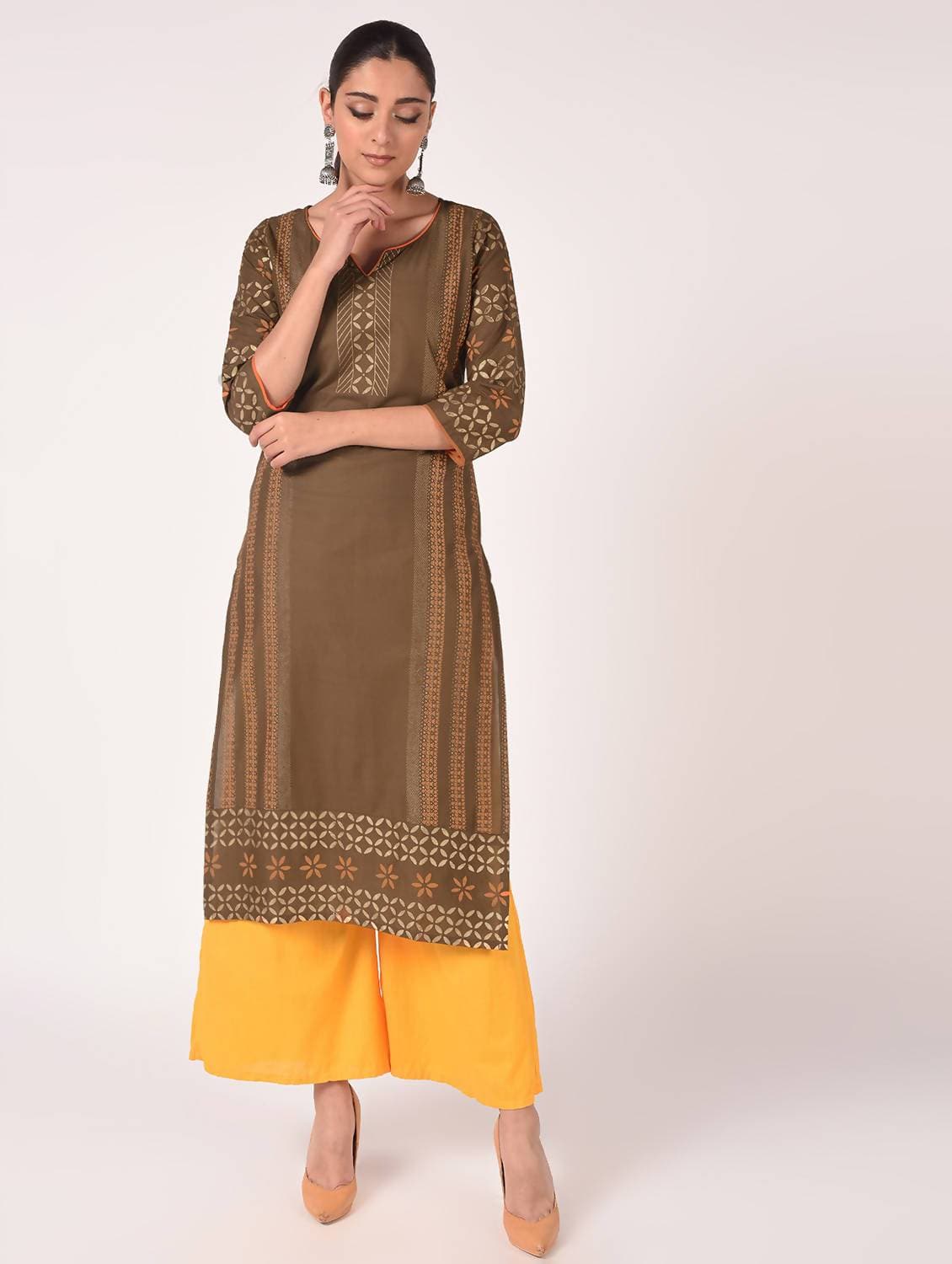 Cheera Hand Block Print Earth Brown & Yellow Straight Kurta With Palazzo (MAAI-086K) | Grocsy