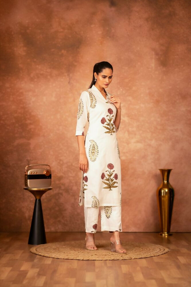 Joban Fashion Off White Red Floral Hand Block Printed Cotton Kurta Pant Set | Grocsy