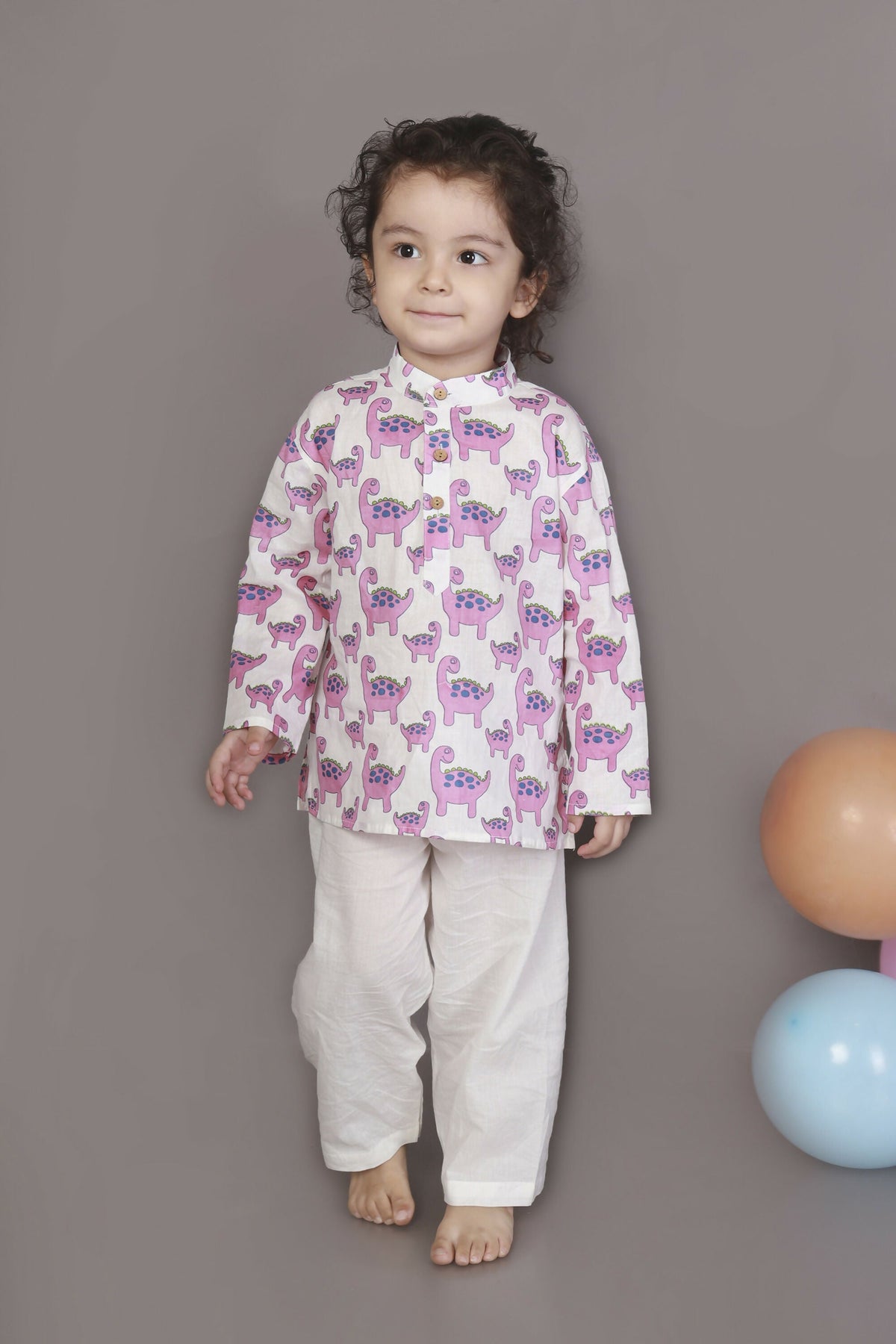 Breathables Kids Boys & Girls Cotton Night Suit – Purple Dinosaur Print Kurta & Pyjama Co-Ord Set | Grocsy