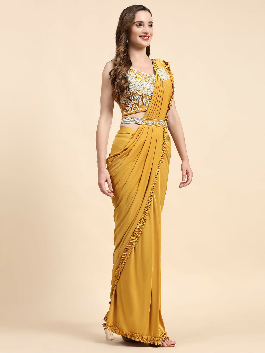 Yellow Lycra Solid Ready to wear Saree with stitched Blouse - Vanita | Grocsy