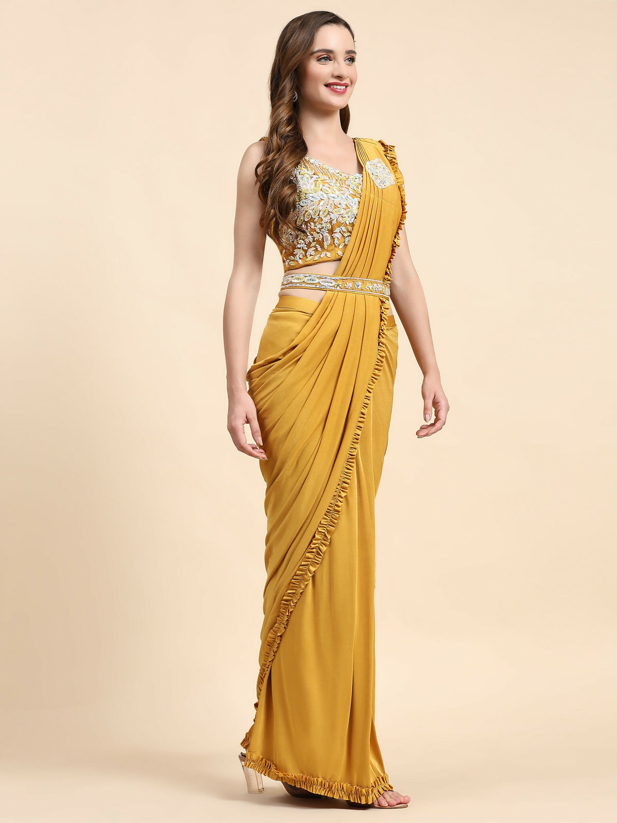 Yellow Lycra Solid Ready to wear Saree with stitched Blouse - Vanita | Grocsy