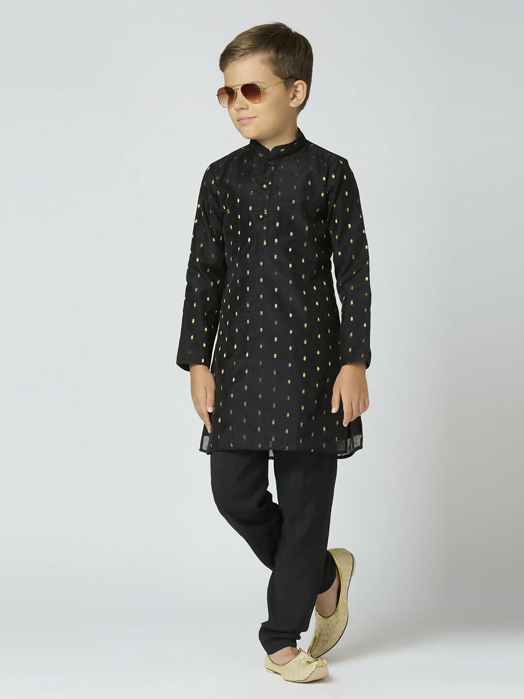 Joban Fashion Kids Island Full Sleeves Chanderi Kurta, Pyjama Set with Traditional Butta Work - Black | Grocsy