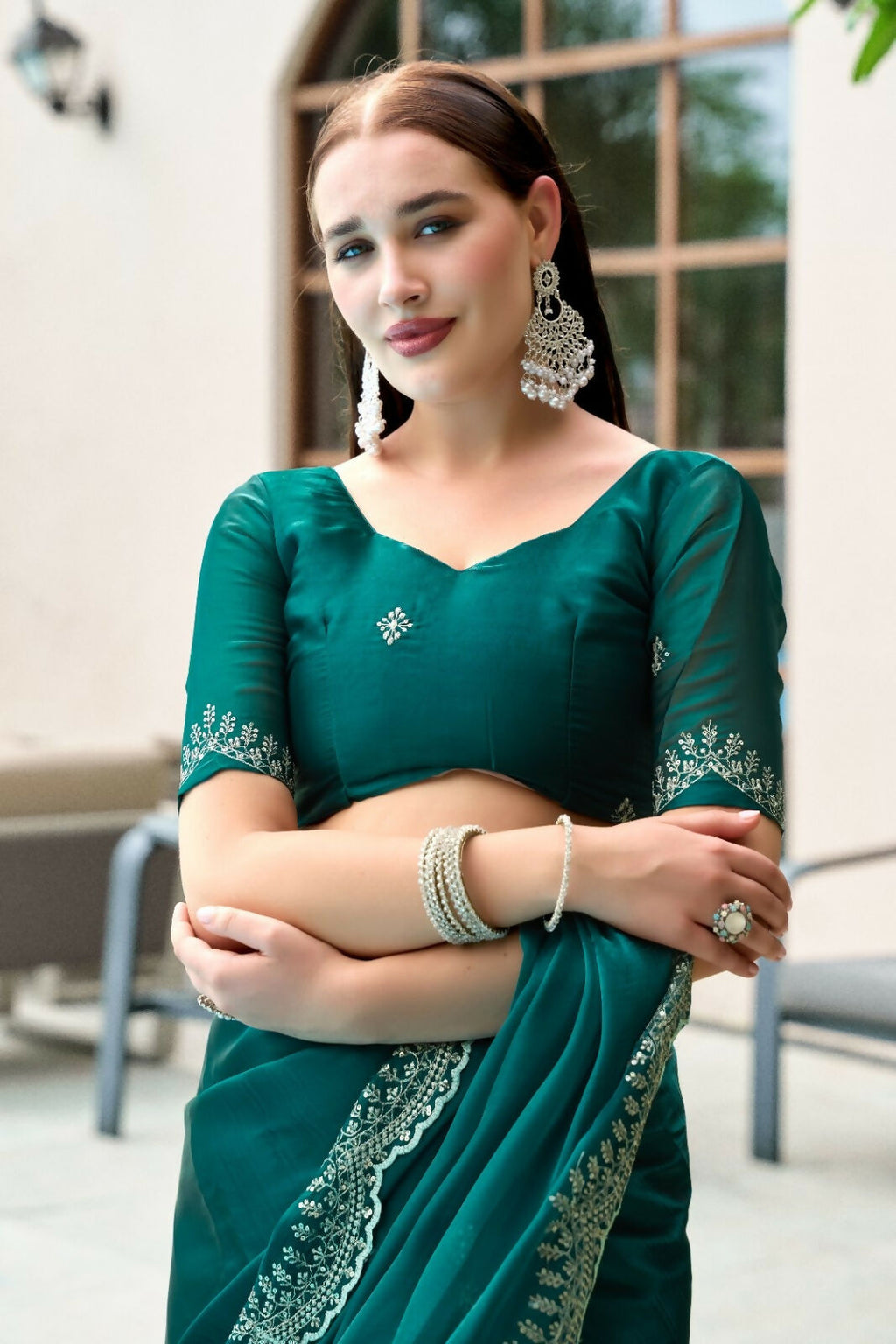 Vastranavya Rama Embroidery Work Shimmer Chiffon Saree with Unstitched Blouse | Grocsy