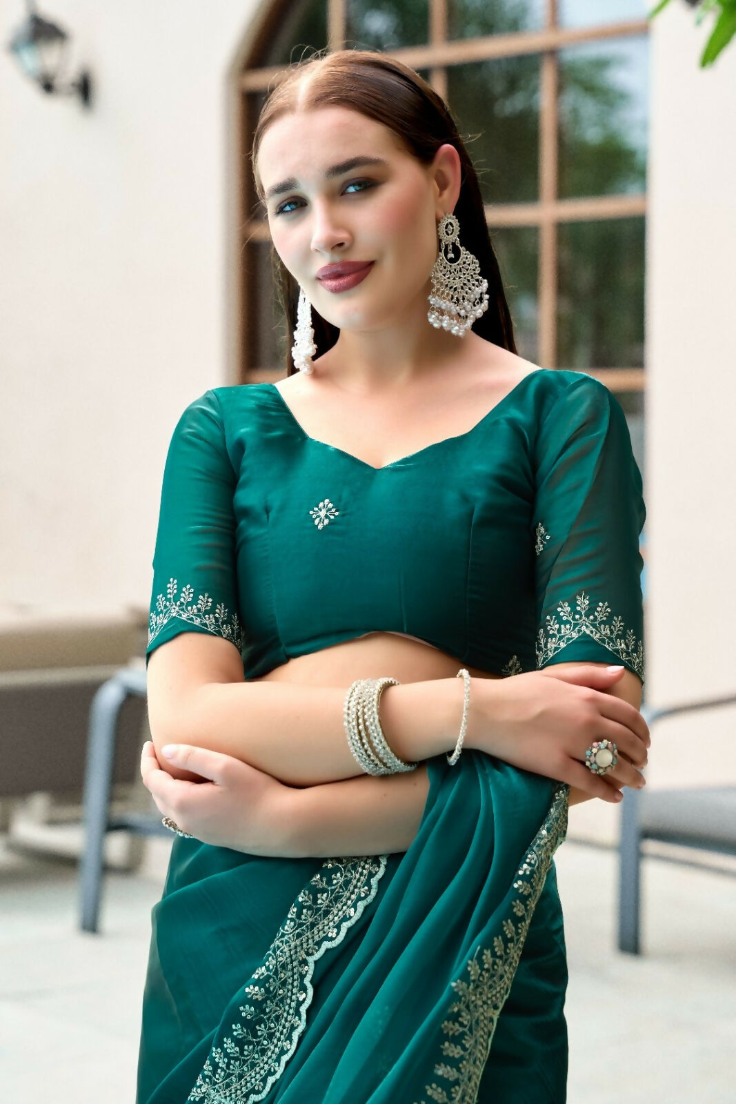 Vastranavya Rama Embroidery Work Shimmer Chiffon Saree with Unstitched Blouse | Grocsy