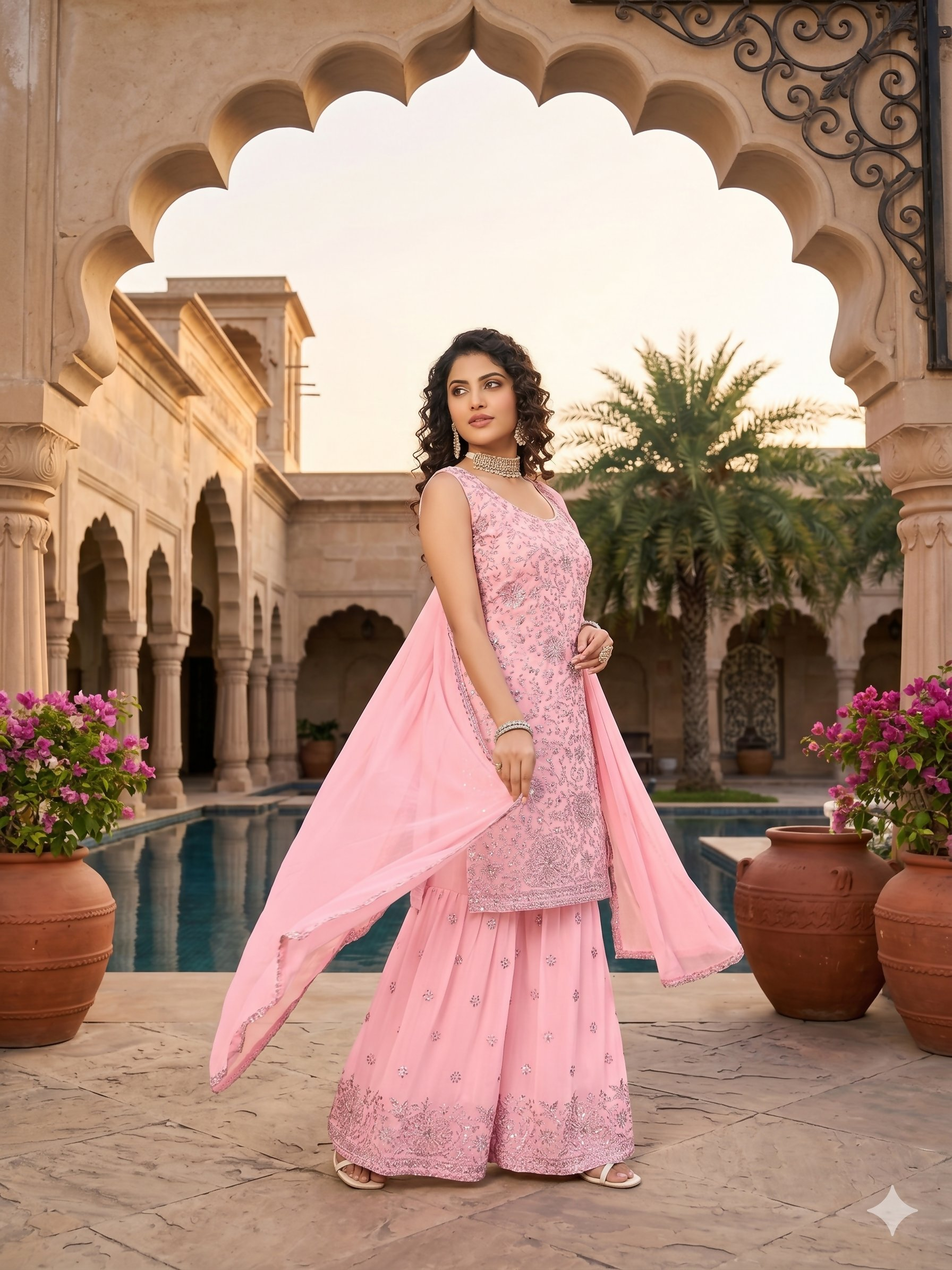 Teeya Creation Womens Georgette Pink Embroidered Sharara Set With Sequence Work And Lace Border Dupatta | Grocsy