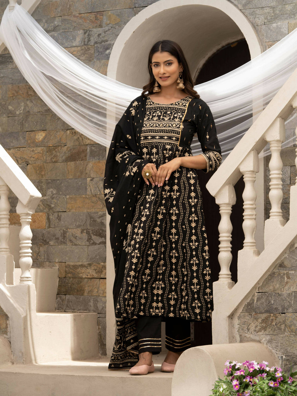 Black Cotton Cambric Printed with Sequins work Anarkali Kurta with Pant & Dupatta - Akashara | Grocsy