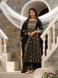 Black Cotton Cambric Printed with Sequins work Anarkali Kurta with Pant & Dupatta - Akashara | Grocsy