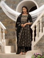 Black Cotton Cambric Printed with Sequins work Anarkali Kurta with Pant & Dupatta - Akashara | Grocsy