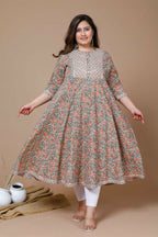 Miravan Women's Plus Size Camel Brown Gotta Patti Pure Cotton Anarkali Kurta | Grocsy