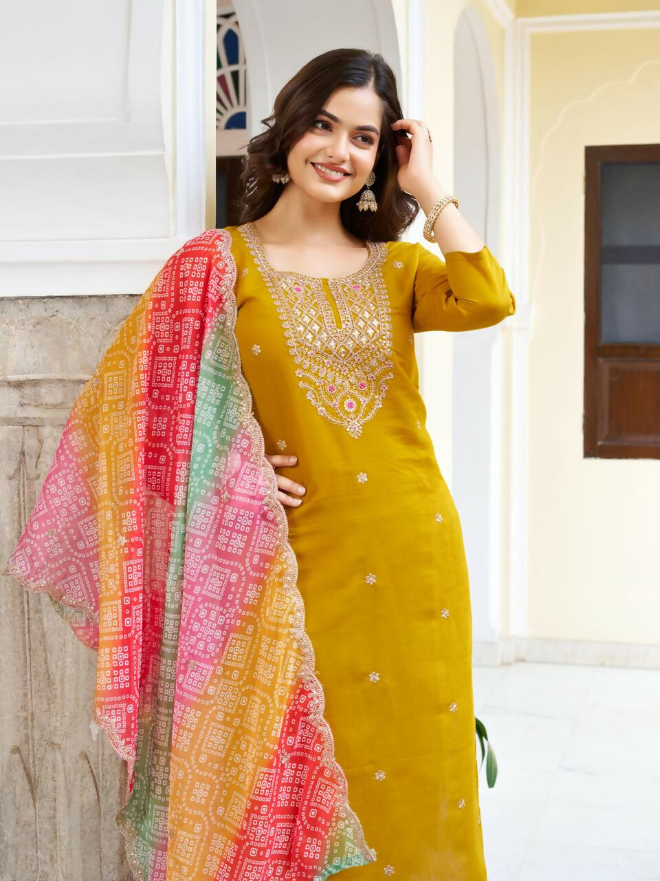 The52 Women's Beautiful Viscose Chanderi Fabric Embroidery Work Straight Kurta Pant and Dupatta Set | Grocsy