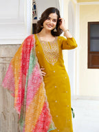 The52 Women's Beautiful Viscose Chanderi Fabric Embroidery Work Straight Kurta Pant and Dupatta Set | Grocsy