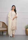 Cream Jequard Silk Embroidery with Thread and sequence Stitched Suit With Dupatta - Tanisha | Grocsy