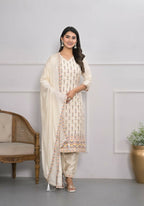 Cream Jequard Silk Embroidery with Thread and sequence Stitched Suit With Dupatta - Tanisha | Grocsy