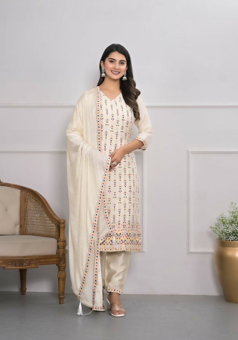 Cream Jequard Silk Embroidery with Thread and sequence Stitched Suit With Dupatta - Tanisha | Grocsy