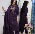 The52 Women's Beautiful Rayon Slub Fabric Embroidery Work Straight Kurta Pant and Dupatta Set | Grocsy