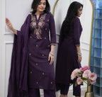 The52 Women's Beautiful Rayon Slub Fabric Embroidery Work Straight Kurta Pant and Dupatta Set | Grocsy