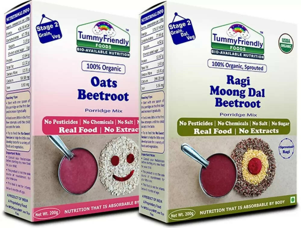 TummyFriendly Foods Organic Oats, Beetroot and Organic Sprouted Ragi, Moong Dal, Beetroot Porridge Mixes Combo | Grocsy