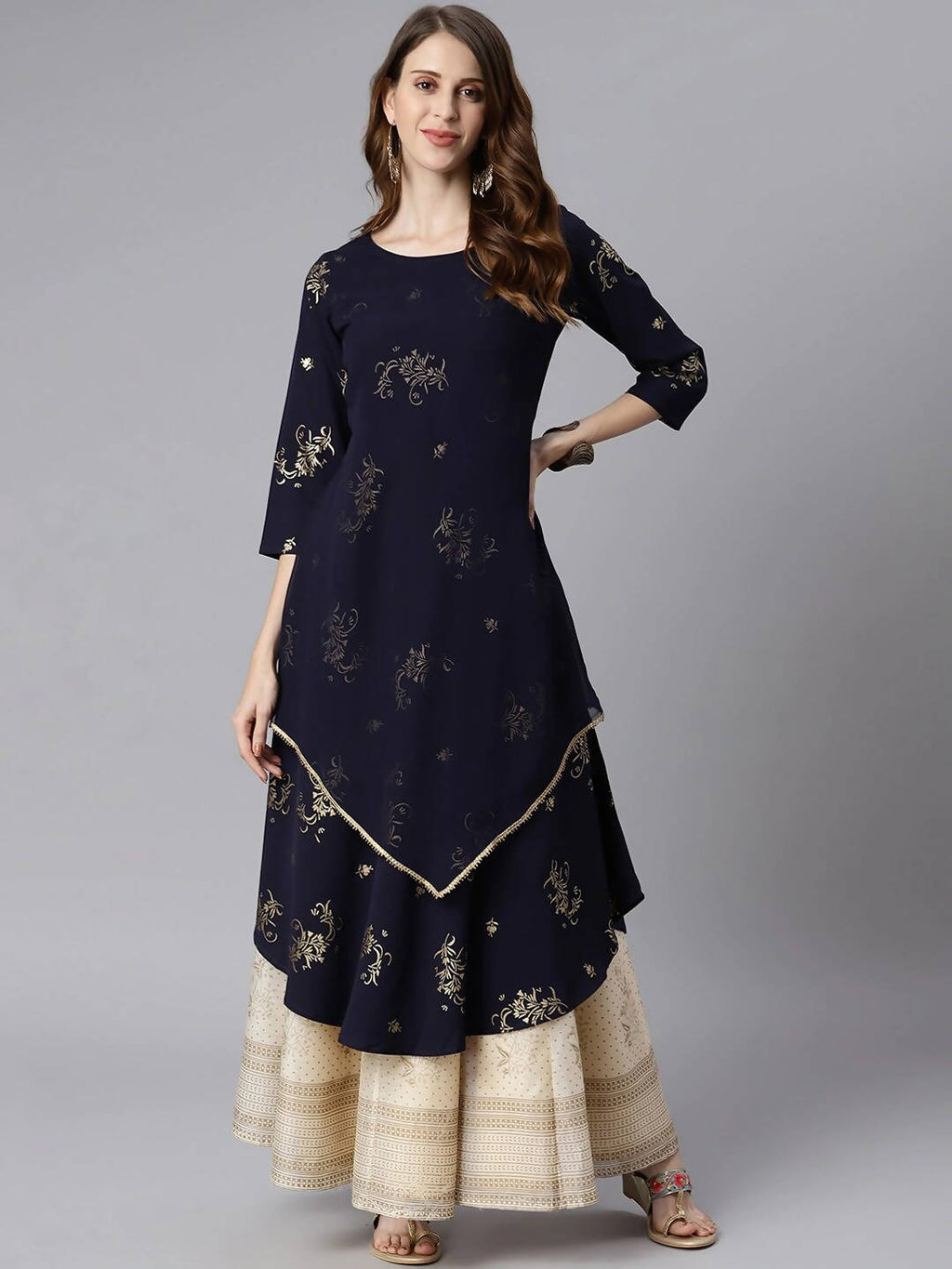 Janasya Women Navy Blue Quirky Embellished Crepe Anarkali Kurta | Grocsy