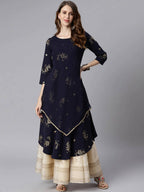 Janasya Women Navy Blue Quirky Embellished Crepe Anarkali Kurta | Grocsy