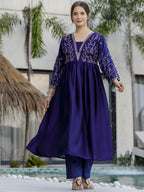 The52 Blue Women's Beautiful Embroidered Vichitra Silk Fabric with Flared Kurta, Pant and Dupatta Set | Grocsy
