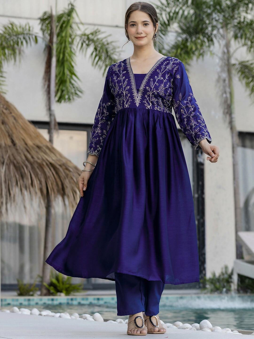 The52 Blue Women's Beautiful Embroidered Vichitra Silk Fabric with Flared Kurta, Pant and Dupatta Set | Grocsy
