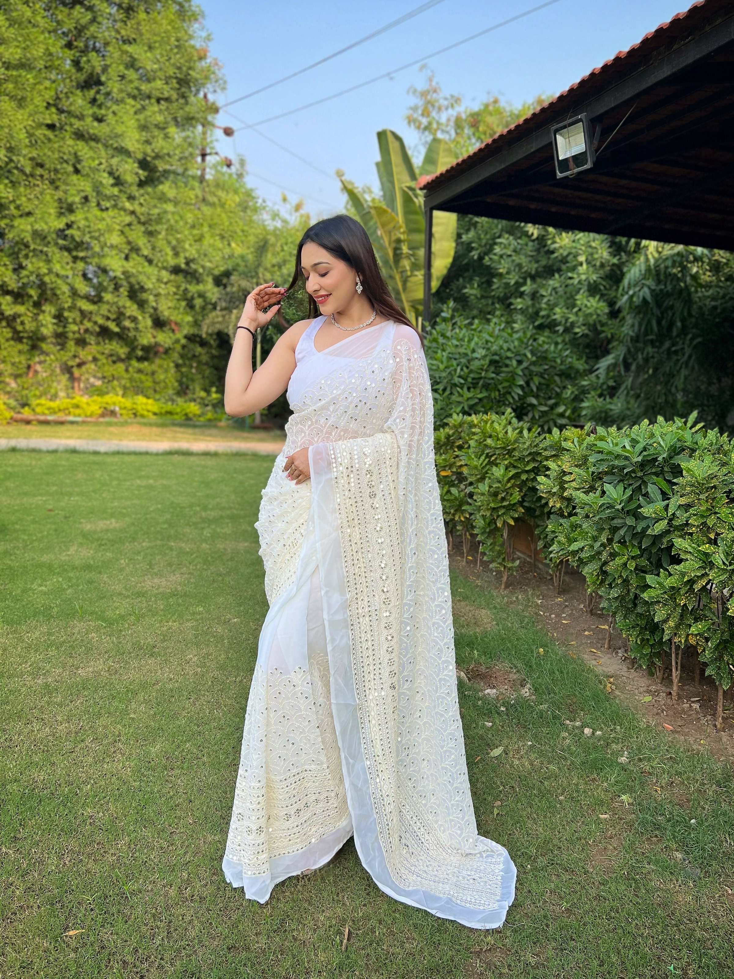 Vamsee V5-White Organza Saree | Grocsy
