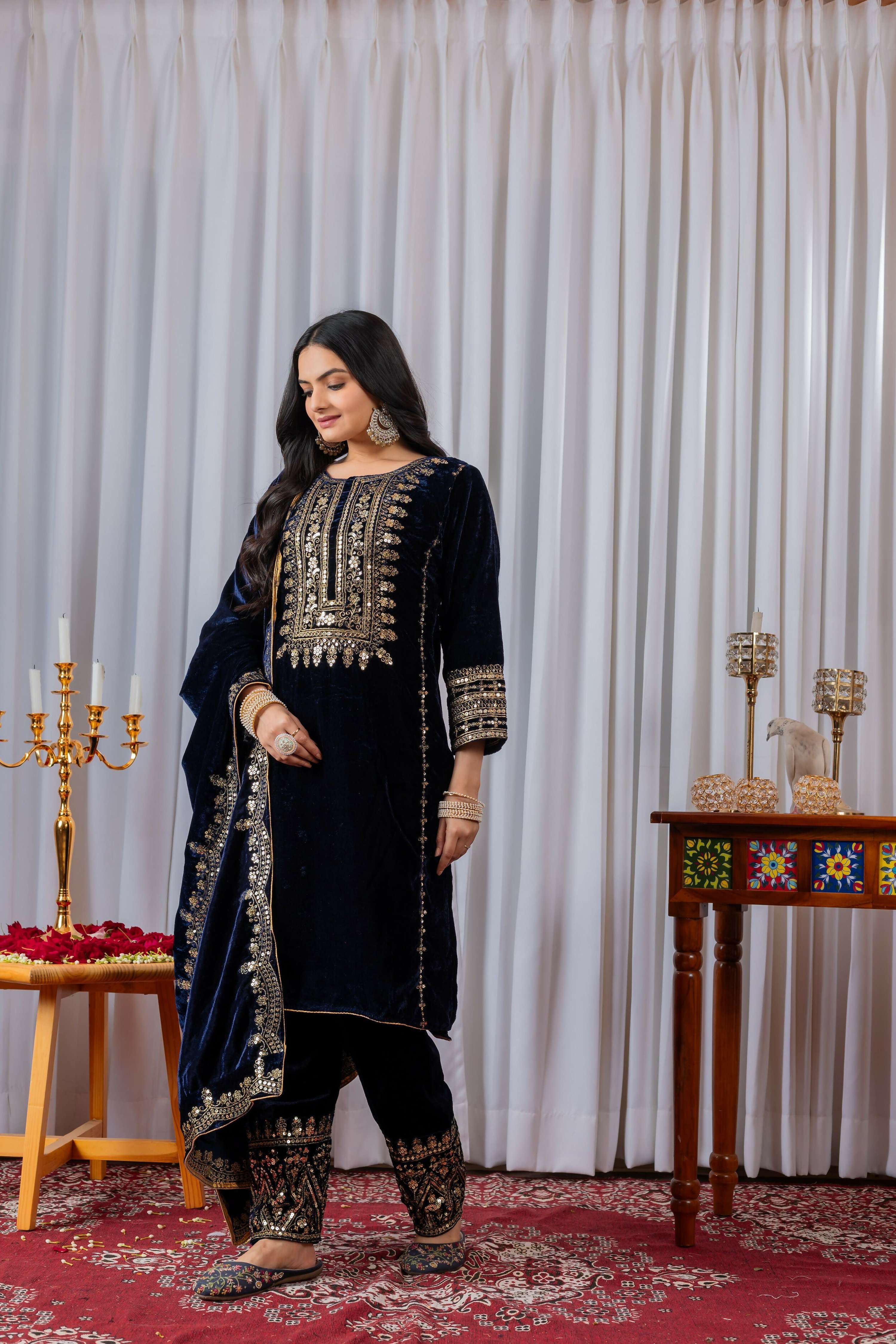 Teeya Creation Blue Color Velvet Designer Embroidery Work party Wear Suit | Grocsy