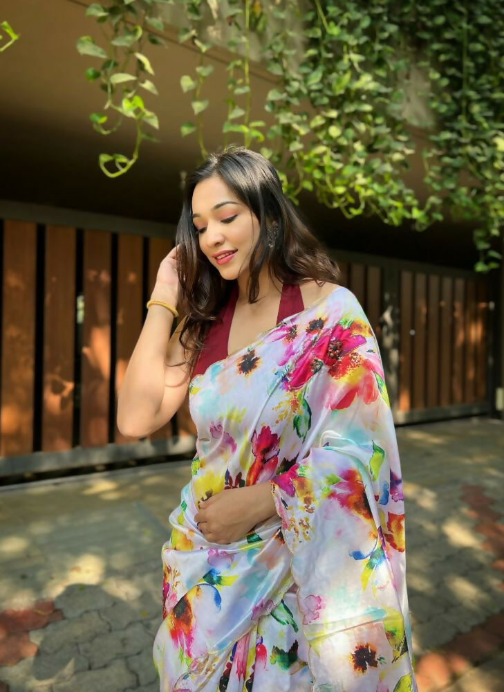 Vamsee Floral Multi Color Vichitra Silk Saree | Grocsy