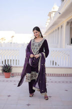 Teeya Creation Womens New Wine Velvet With Rich Zari Coding Embroidered Work Kurta Pant Dupatta Set | Grocsy