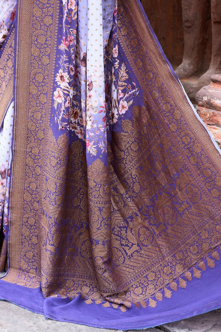 Joban Fashion Shade Of Orchid Crepe Chiffon Pure Handloom Banarasi Silk Saree | Grocsy
