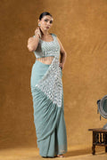 Teeya Creation Teal Color Faux Georgette Embroidery Work Party Wear Ready To Wear Saree | Grocsy