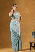 Teeya Creation Teal Color Faux Georgette Embroidery Work Party Wear Ready To Wear Saree | Grocsy