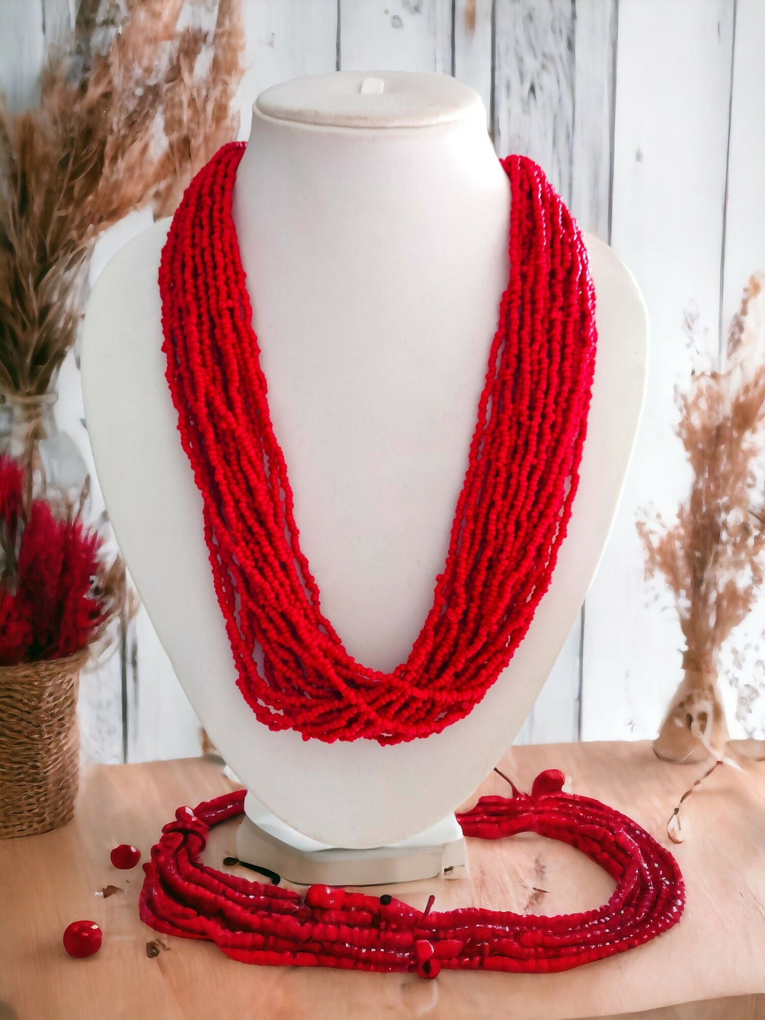 Inhanns Handmade Beaded Multilayer Necklace, 20 Layers - Red | Grocsy