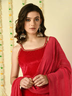 Myshka Women's Pink Velvet Kurti & Sharara With Dupatta Party Sets | Grocsy