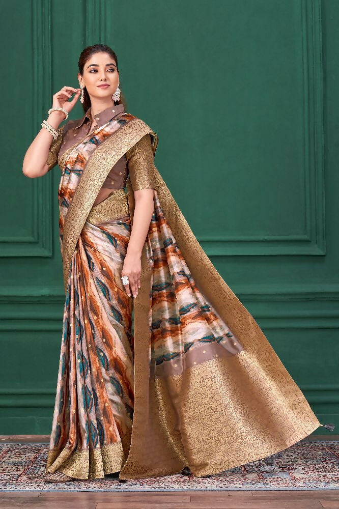 Lilac Purple Tussar Silk Jacquard Abstract Digital Print Saree with Unstitched Blouse - Mohira | Grocsy