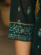 Juniper Green Ethnic Motif Printed Georgette Maxi Dress & Dori With Thread Work | Grocsy