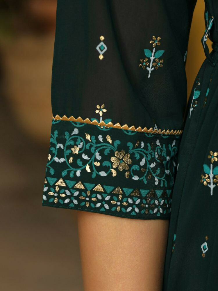 Juniper Green Ethnic Motif Printed Georgette Maxi Dress & Dori With Thread Work | Grocsy