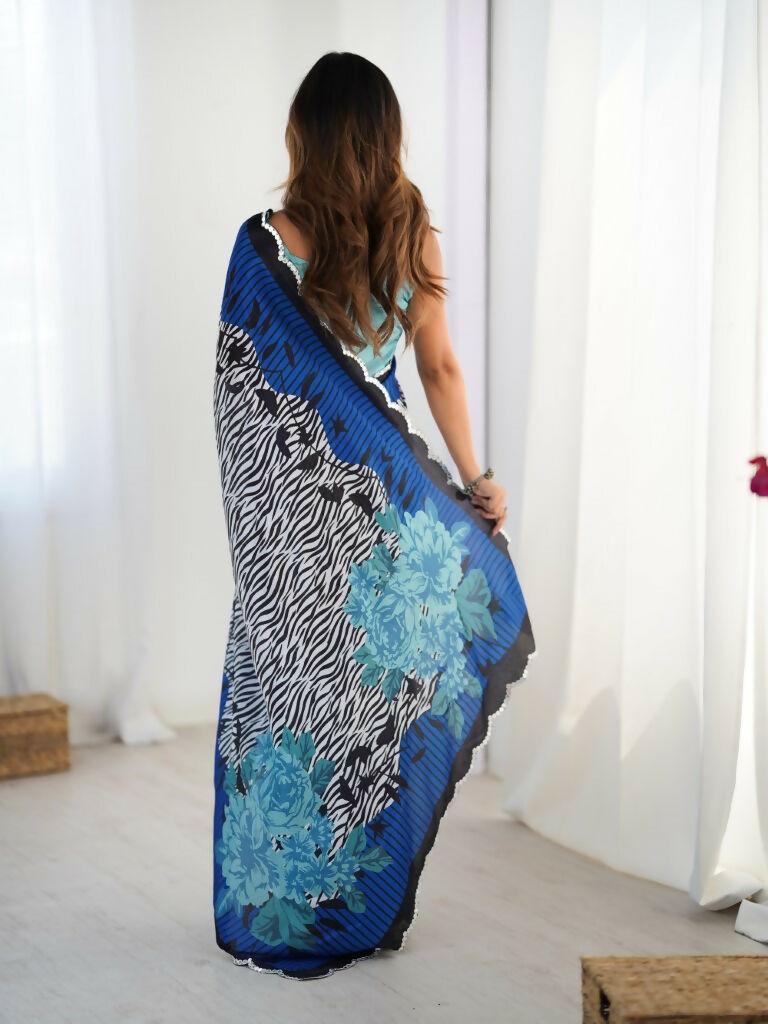 Blue Chinon Designer Digital Printed,Mirror Cut Work Saree - Manvika | Grocsy