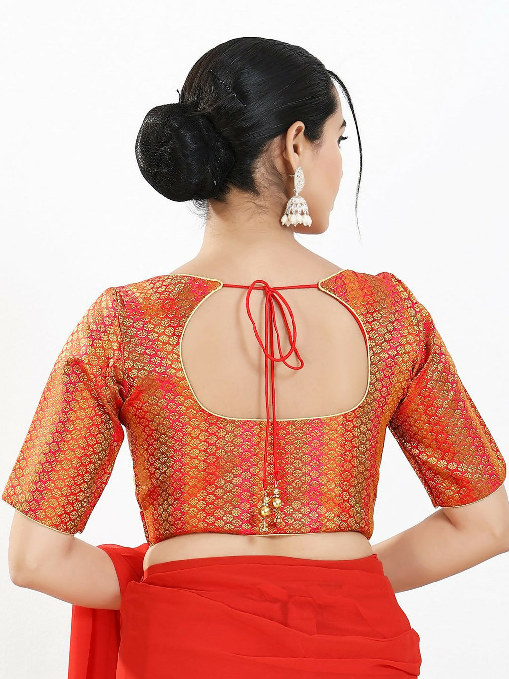 Joban Fashion Red Brocade Padded Blouse With Sweetheart Neck Elbow Sleeves | Grocsy