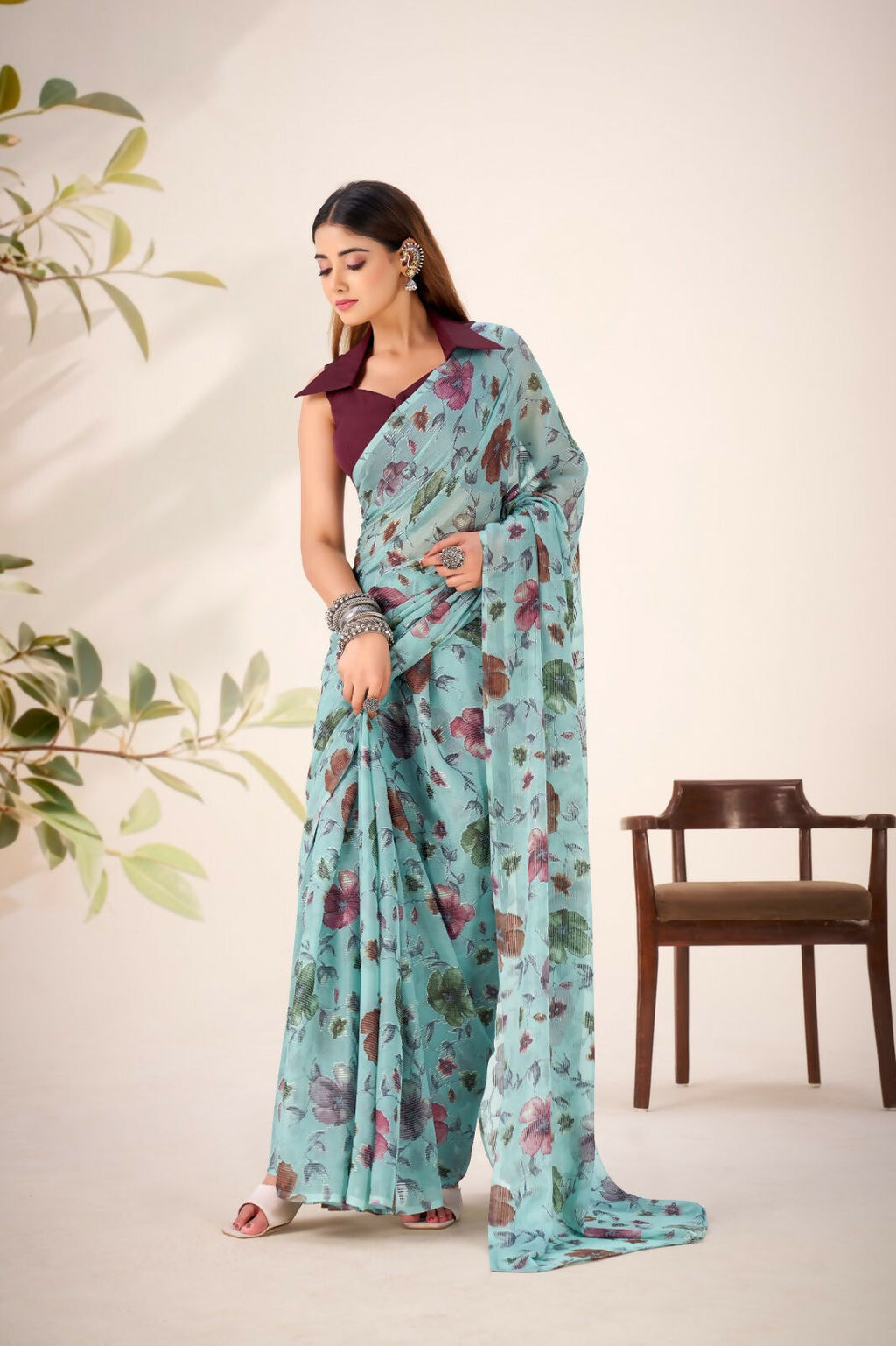 Vastranavya Sea Green Lurex Brasso Floral Printed Saree with Unstitched Blouse | Grocsy
