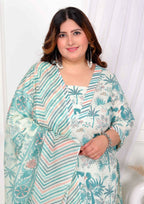 Miravan Women's Plus Size Cotton Light Green Scenic Birds And Leaf Floral Printed Straight Pakistani Style Suit Set | Grocsy
